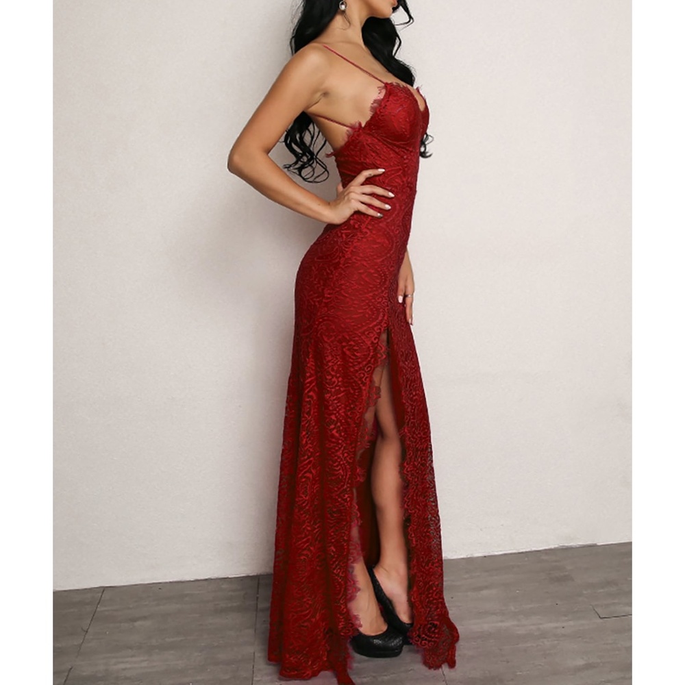 Red Lace Side Slit Sexy Cami Maxi Evening Dress - Picture 3 of 7